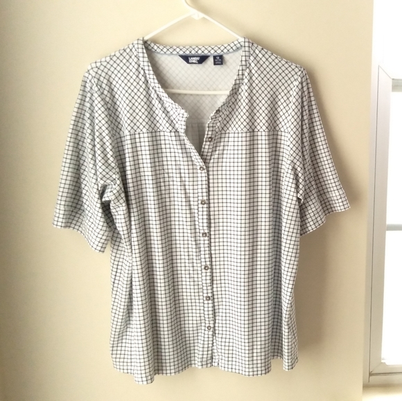 NWOT Lands' End Ivory Check Elbow Sleeve Button Front Top - Picture 2 of 7